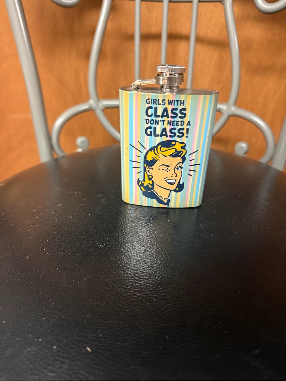 Retro Stripe Mini Flask - "Girls With Class" - Yellow & Blue